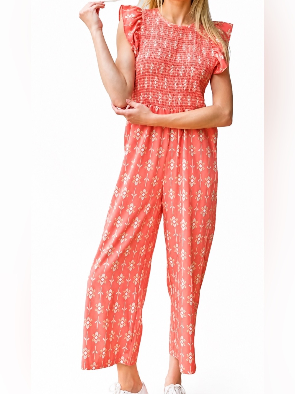 Coral Smocked Ruffle Sleeve Jumpsuit